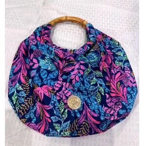 Lilly Pulitzer Bamboo Handle Hobo Bag Womens Small Navy Pink Floral Excellent
